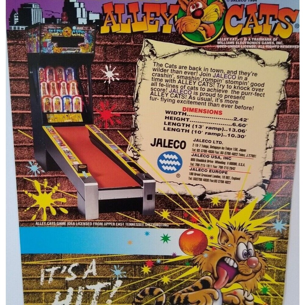 Alley Cats Arcade Game Flyer Ball Bowler Target Knock Down 1994 Promo 8.5" x 11"